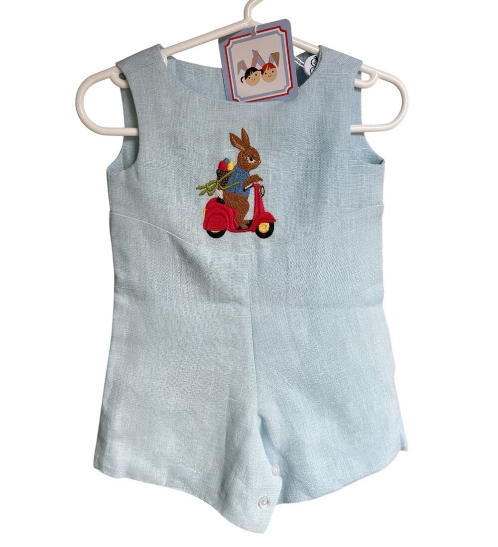 Little Goodall Scooter Bunny 100% Linen Jon Jon Romper 9M NWT Embroidered
